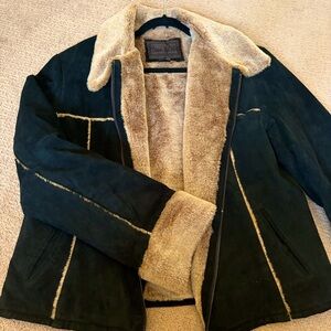 Vintage Black Leather Coat with PLUSH Camel Color Faux Fur XXL